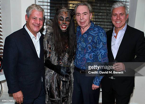 Cameron MacKintosh, Beverley Knight, Andrew Lloyd Webber and David Ian pose backstage following the press night performance of "Cats" at the London...