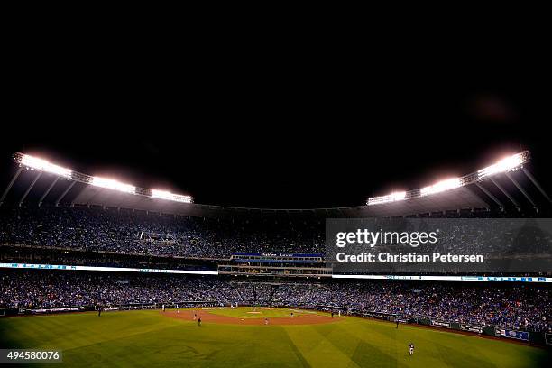 General view of Game One of the 2015 World Series between the New York Mets and the Kansas City Royals at Kauffman Stadium on October 27, 2015 in...