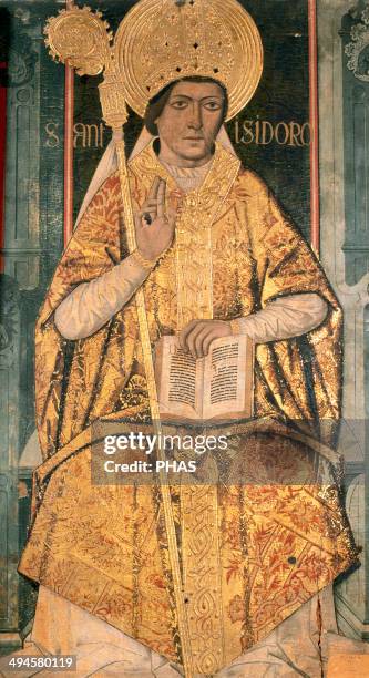 Saint Isidore of Seville . Bishop, confessor and Doctor of the Church. Altarpiece of Saint Isidore. 15th century. Diocesan Museum of Calatayud....