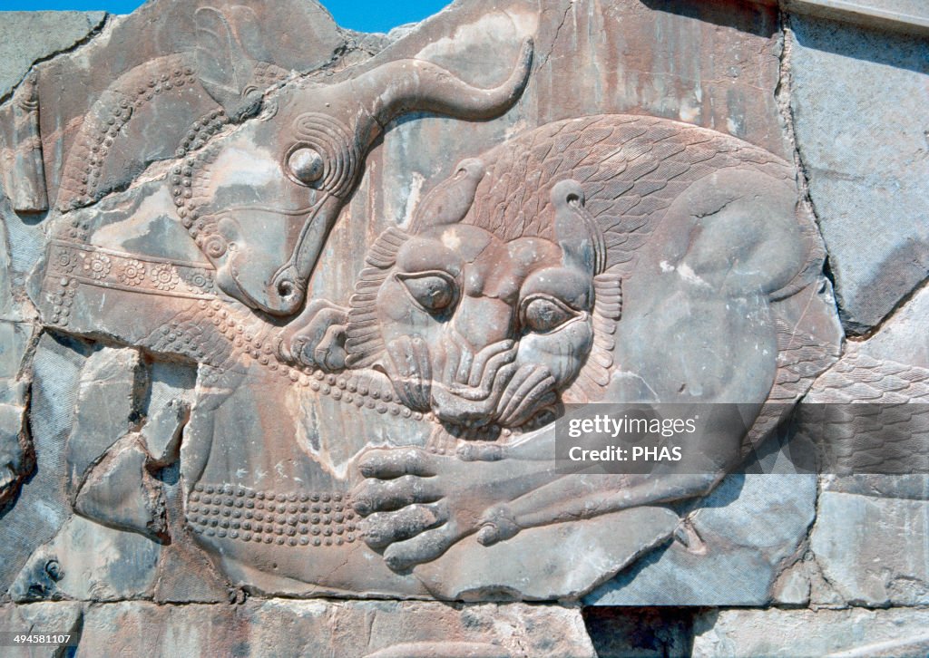 Persian art. Persepolis. Apadana. Palace of Darius I. Lion and bull combat. 6th century and 5th centuries BC. Iran.