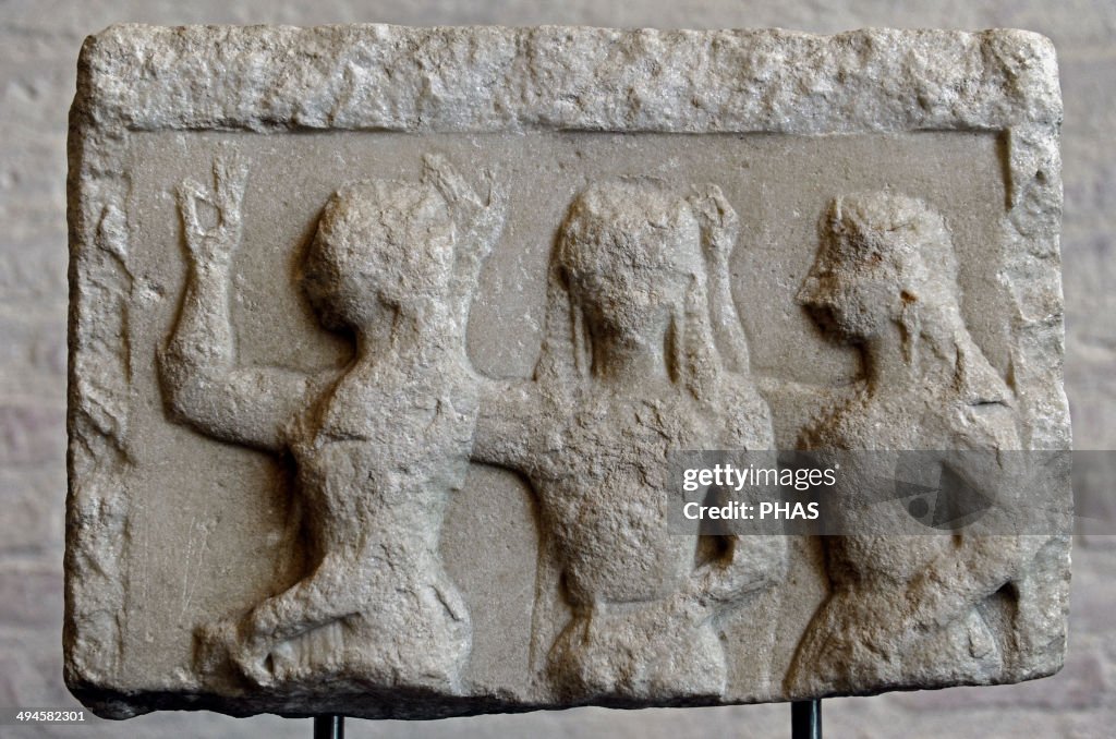 Votive relief. About 560 BC. Three dancing women - Charites (Graces). Glyptothek. Munich. Germany.