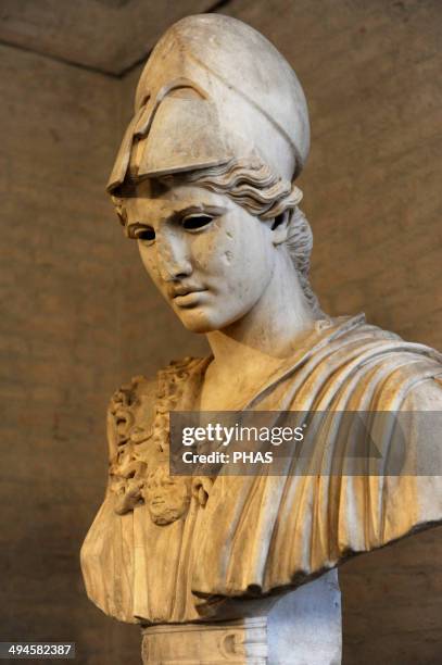 Athena. Goddess of wisdom, courage, law and justice. . Bust of Athena. Roman sculpture after original of about 420 BC. Glyptothek. Munich. Germany.