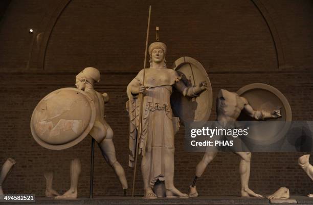 Aegina West Pediment. 500-490 BC. Gods in battle before Troy, in the presence of the goddess Athena. Detail of Athena, Ajax and a trojan warrior....