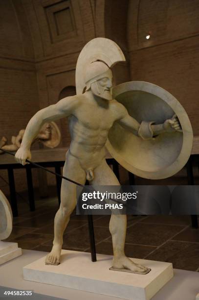 East Pediment's Group of the Temple of Aegina, Aphaia, Greece. Reconstruction of a warrior. 19th century. Glyptothek Museum. Munich. Germany.