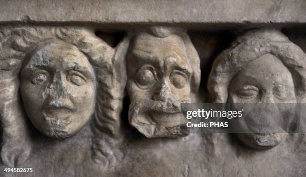 Votive stele depicting a sacrificial procession to Dionysus and Artemis for the win in a contest of theater. Votive offering, ca. 360 BC. Detail of...