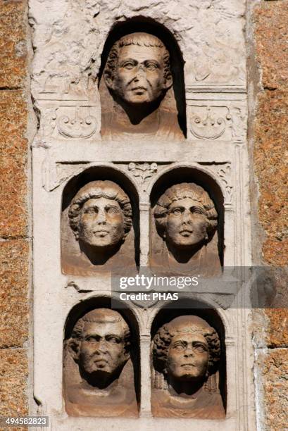 Roman Art. Gravestone, dating the 1st century AD. Reused in the Middle Ages to build the Porta Nuova city gate in Milan. Italy.