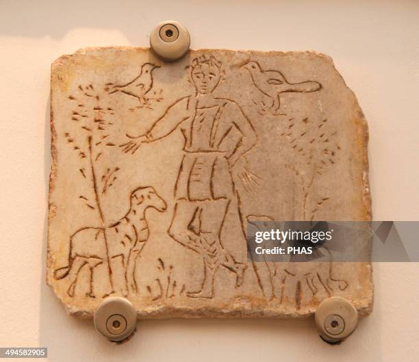 Early Christian Art. Italy. Roman tombstone depicting the Good Shepherd. Baths of Diocletian, part of the National Roman Museum Rome. Italy.