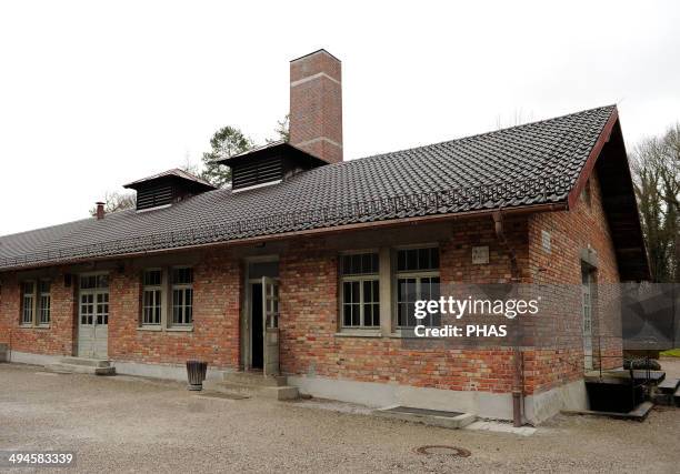 Dachau Concentration Camp. Nazi camp of prisoners opened in 1933. Barrack X. Building where are the crematoria and gas chambers. 1942-1943. Exterior....