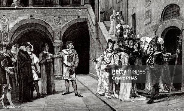 Blanche II of Navarre . Queen of Navarre. Blanche of Navarre is delivered to the Captal of Buch, who orders imprison her into a castle. Engraving...