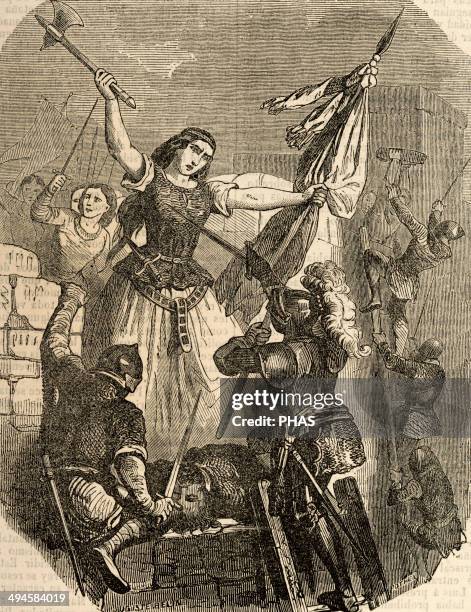 Jeanne Hachette . French heroine. Jeanne Hachette during the Beauvais site, June 27, 1472. Engraving by Pothey. Popular Universal Library Editions,...