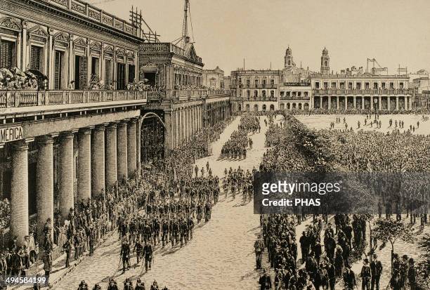 Uruguay. Montevideo. Army parade in honour of the President Julio Herrera Obes . May 1, 1890. Engraving by Urgelles. The Illustration, 1890.