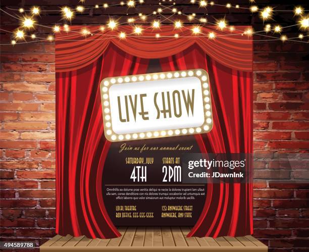 live show stage rustic brick wall,  string lights, open curtains - live event flyer stock illustrations