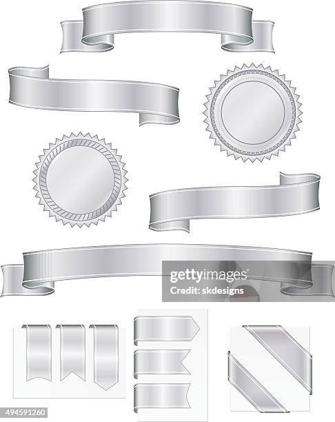 shiny metallic silver ribbons, stickers set - silver coloured stock illustrations