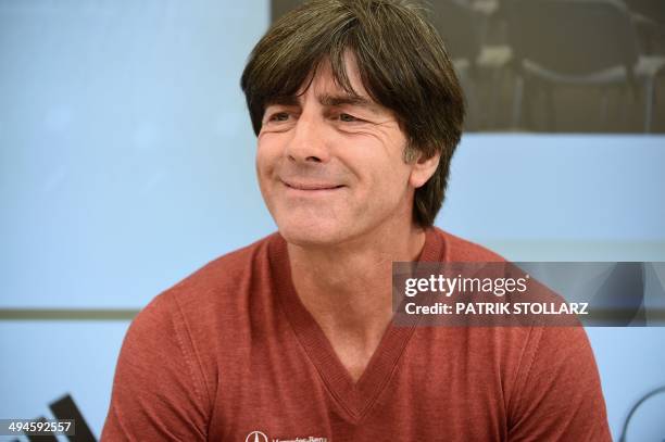 Germany's football head coach Joachim Loew answers journalists' questions during a press conference of the German national football team in San...