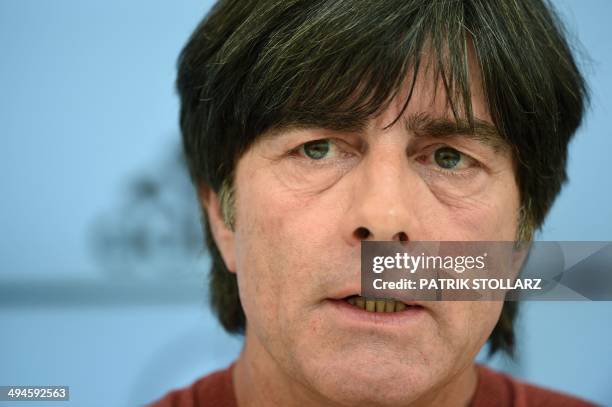 Germany's football head coach Joachim Loew answers journalists' questions during a press conference of the German national football team in San...