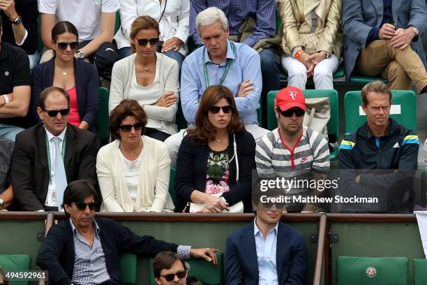 Mirka Federer, wife of Roger Federer of Switzerland and Stefan Edberg watch his men's singles match against Dmitry Tursunov of Russia on day six of...