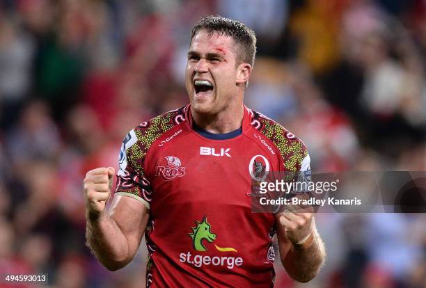 James Horwill of the Reds celebrates victory after team mate Jake Schatz scores after the siren to win the match after the round 16 Super Rugby match...