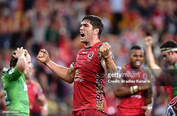 Rob Simmons of the Reds celebrates victory after team mate Jake Schatz scores after the full time siren to win the match after the round 16 Super...