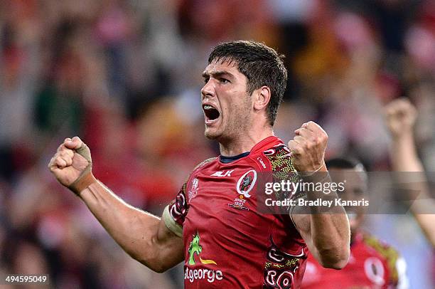Rob Simmons of the Reds celebrates victory after the round 16 Super Rugby match between the Reds and the Highlanders at Suncorp Stadium on May 30,...