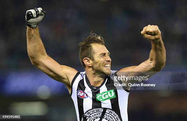 Travis Cloke of the Magpies celebrates a goal during the round 11 AFL match between the St Kilda Saints and the Collingwood Magpies at Etihad Stadium...