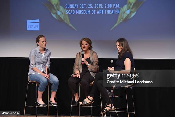 Writer Nora Smith, and writer Holly Schlesinger speak on stage with Executive Director of Writers Guild Foundation Katie Buckland during WGA Presents...