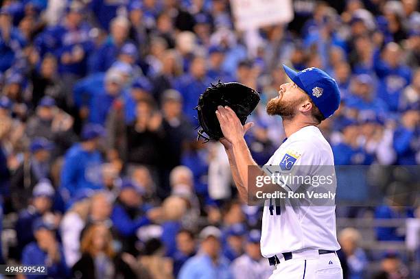 Danny Duffy of the Kansas City Royals reacts during Game 1 of the 2015 World Series against the New York Mets at Kauffman Stadium on Tuesday, October...