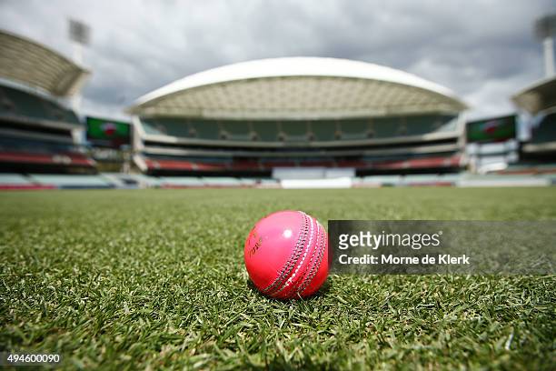 Pink cricket ball to be used in the day night game is seen at the Adelaide Oval during day one of the Sheffield Shield match between South Australia...
