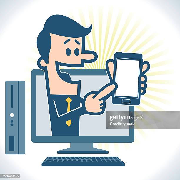 desktop with businessman - typing smartphone stock illustrations