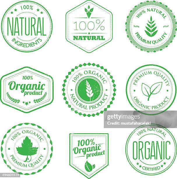 bildbanksillustrationer, clip art samt tecknat material och ikoner med organic product stamps set - 100