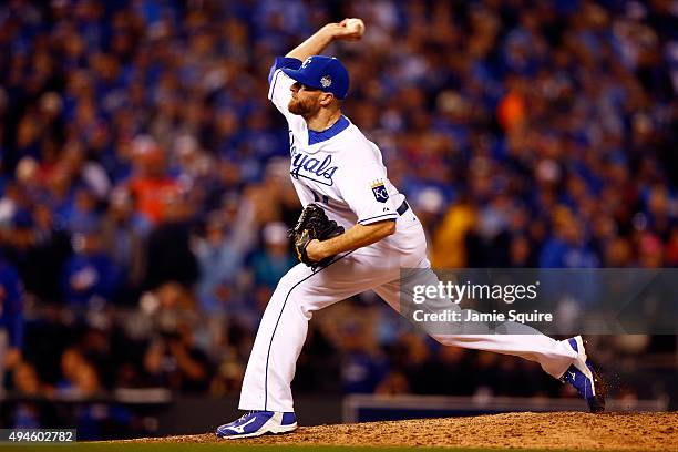 Wade Davis of the Kansas City Royals throws a pitch in the tenth inning against the New York Mets during Game One of the 2015 World Series at...