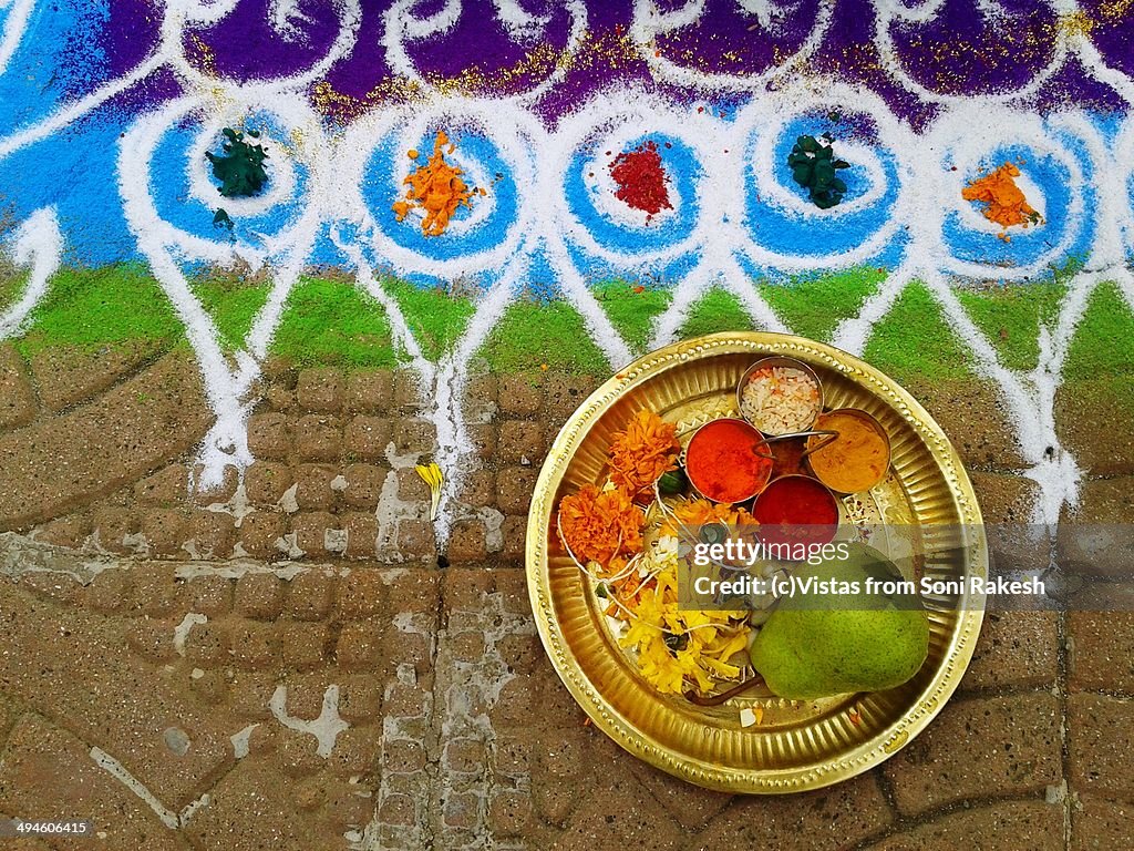 Rangoli and decorative puja(worship) thali (plate