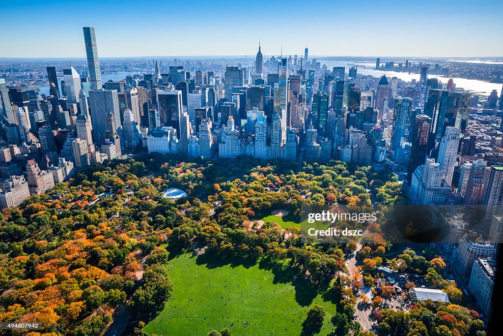 New York City Skyline, Central Park, autumn foliage, aerial view