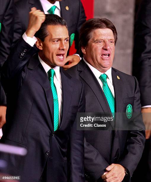 Enrique Peña Nieto President of Mexico and Miguel Herrera coach of Mexico during a Mexico National Team Farewell Ceremony at Palacio Nacional de la...