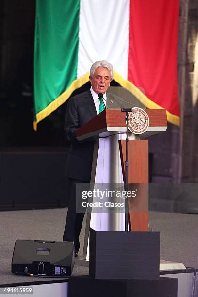 Justino Compean speaks during a Mexico National Team Farewell Ceremony at Palacio Nacional de la Ciudad de México on May 27, 2014 in Mexico City,...
