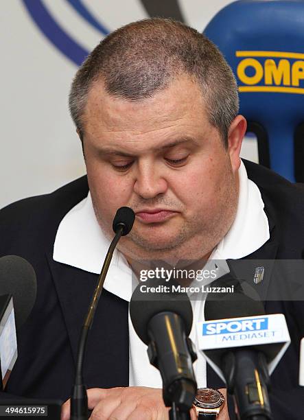 Parma FC President Tommaso Ghirardi speaks to the media during a press conference at the club's training ground on May 30, 2014 in Collecchio, Italy.