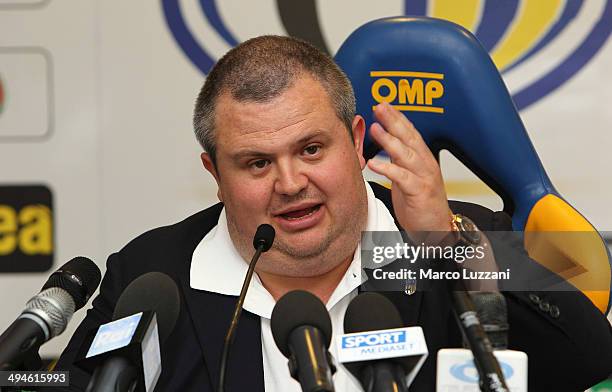 Parma FC President Tommaso Ghirardi speaks to the media during a press conference at the club's training ground on May 30, 2014 in Collecchio, Italy.