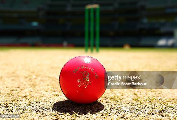 General view as a pink Kookaburra cricket ball is seen on the pitch during day one of the Sheffield Shield match between Victoria and Queensland at...