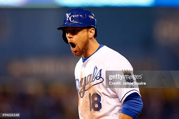 Ben Zobrist of the Kansas City Royals reacts in the fourteenth inning against the New York Mets during Game One of the 2015 World Series at Kauffman...
