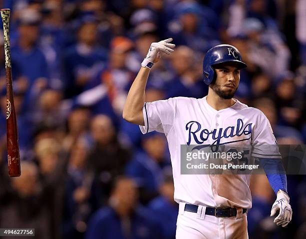 Eric Hosmer of the Kansas City Royals reacts after the Kansas City Royals defeat the New York Mets 5-4 in fourteen innings in Game One of the 2015...