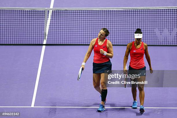 Abigail Spears and Raquel Kops-Jones of the USA in action against Timea Babos of Hungary and Kristina Mladenovic of France in a doubles round robin...