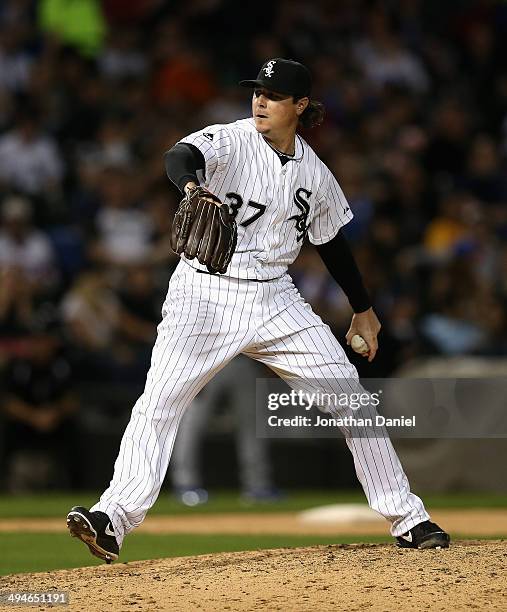 Scott Downs of the Chicago White Sox pitches against the Chicago Cubs at U.S. Cellular Field on May 8, 2014 in Chicago, Illinois. The Cubs defeated...