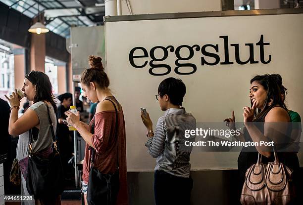 Eggslut always has a line to order at Grand Central Market in Los Angeles, California on Wednesday, October 14, 2015.