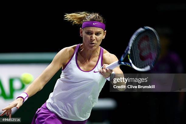 Lucie Safarova of Czech Republic in action against Petra Kvitova of Czech Republic in a round robin match during the BNP Paribas WTA Finals at...