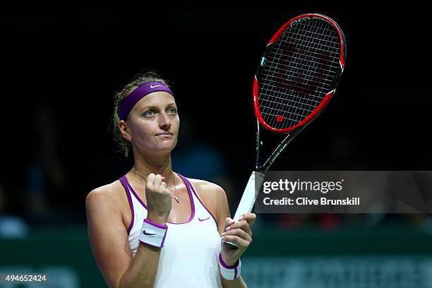 Petra Kvitova of Czech Republic celebrates match point against Lucie Safarova of Czech Republic in a round robin match during the BNP Paribas WTA...