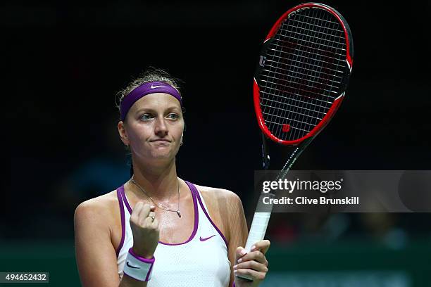 Petra Kvitova of Czech Republic celebrates match point against Lucie Safarova of Czech Republic in a round robin match during the BNP Paribas WTA...