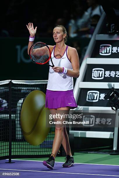 Petra Kvitova of Czech Republic waves to the crowd after defeating Lucie Safarova of Czech Republic in a round robin match during the BNP Paribas WTA...