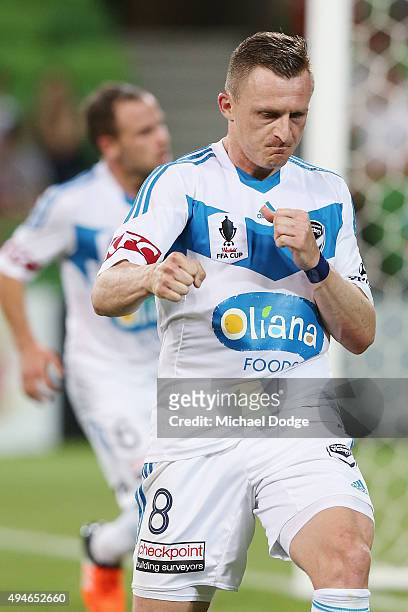 Besart Berisha of the Victory celebrates a penalty goal during the FFA Cup Semi Final match between Hume City and Melbourne Victory at AAMI Park on...