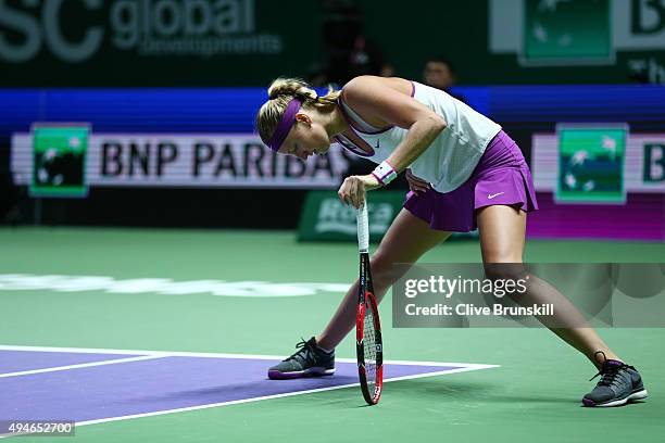 Petra Kvitova of Czech Republic in action against Lucie Safarova of Czech Republic in a round robin match during the BNP Paribas WTA Finals at...