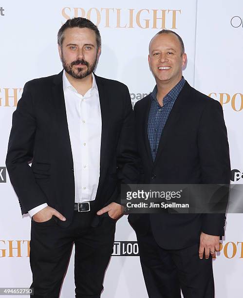 Jeremy Scahill and Michael Bloom attend the "Spotlight" New York premiere at Ziegfeld Theater on October 27, 2015 in New York City.