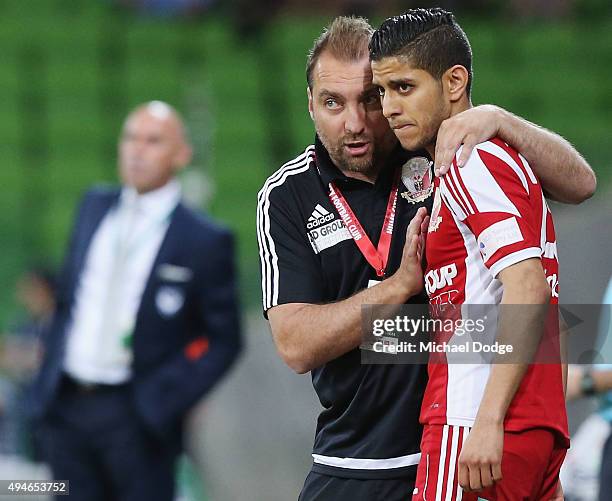 City head coach Lou Acevski gives instructions to Souheil Azagane during the FFA Cup Semi Final match between Hume City and Melbourne Victory at AAMI...